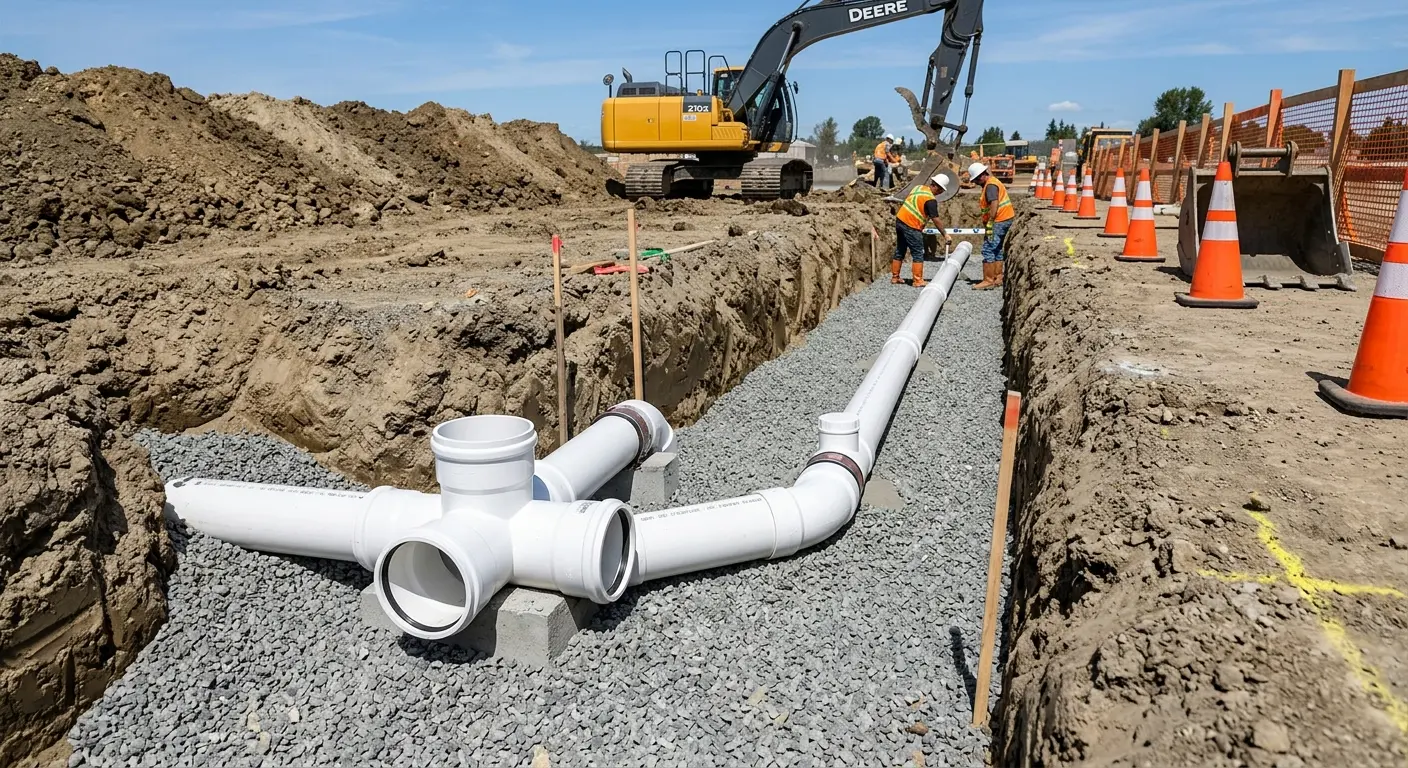 New PVC sewer pipe installation in open trench for Commercial Drain Cleaning in Keizer