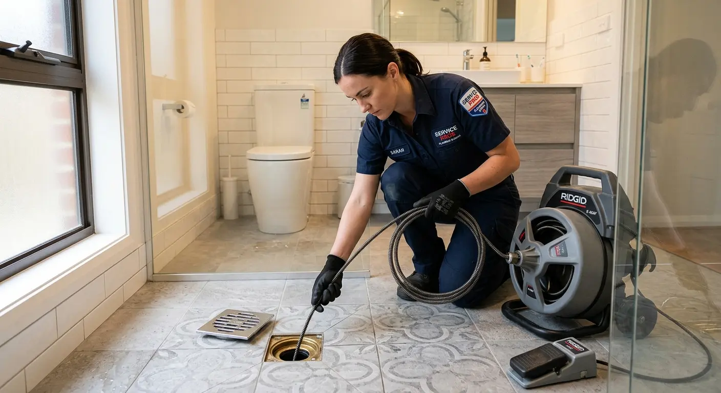 Technician clearing a bathroom floor drain for Clogged Drain Repair in Keizer